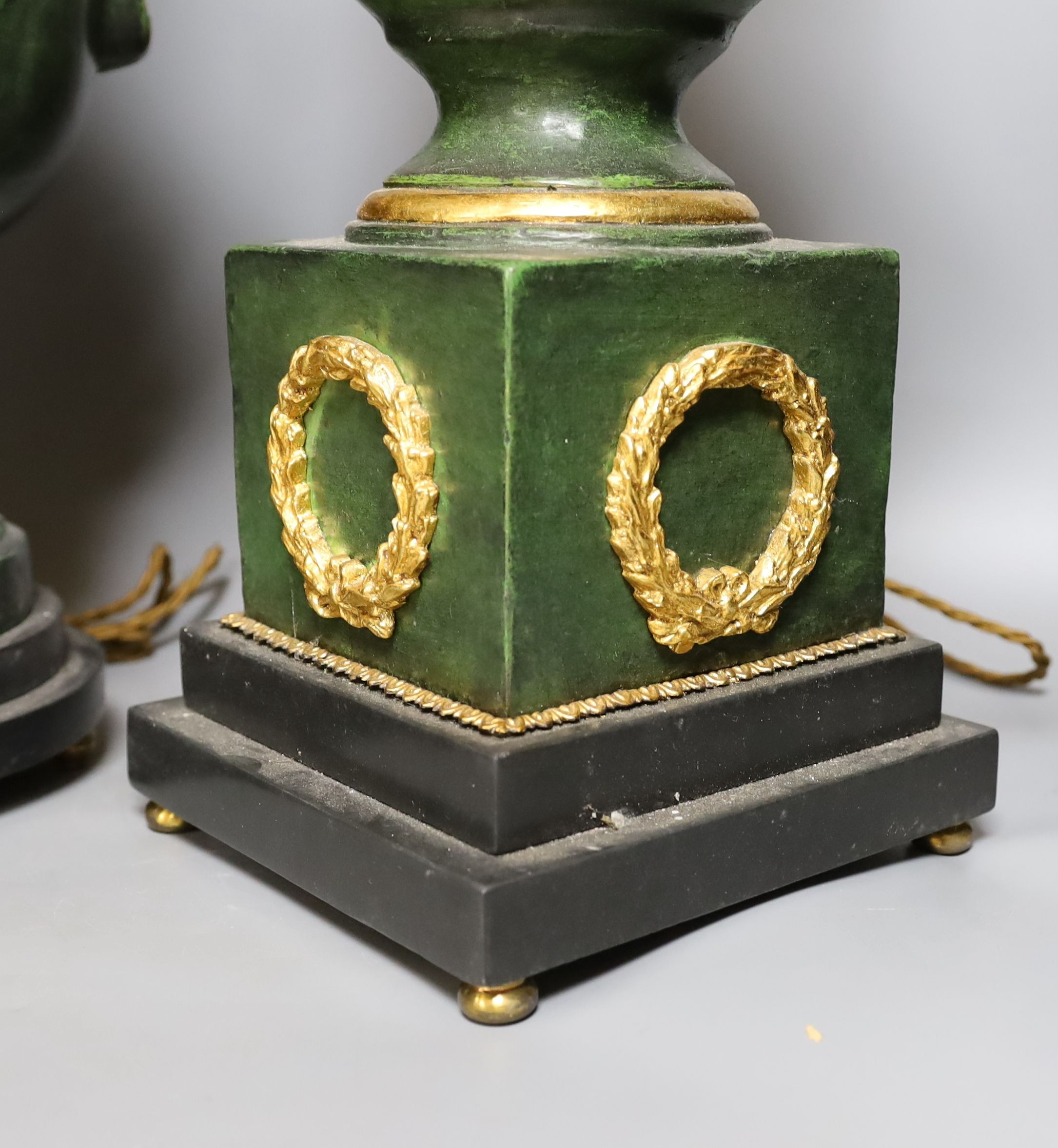 Two decorative gilt and green table lamps - tallest 65cm